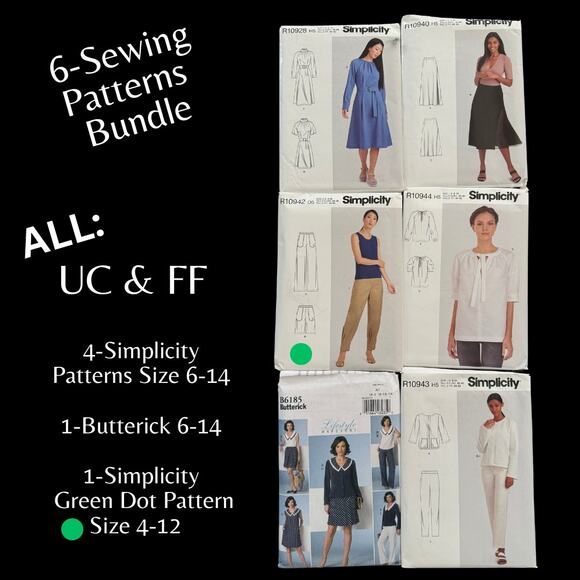 6 Piece Sewing Pattern Bundle Simplicity Butterick, 5-Size (6-14), 1-Size (4-12) - Picture 1 of 8